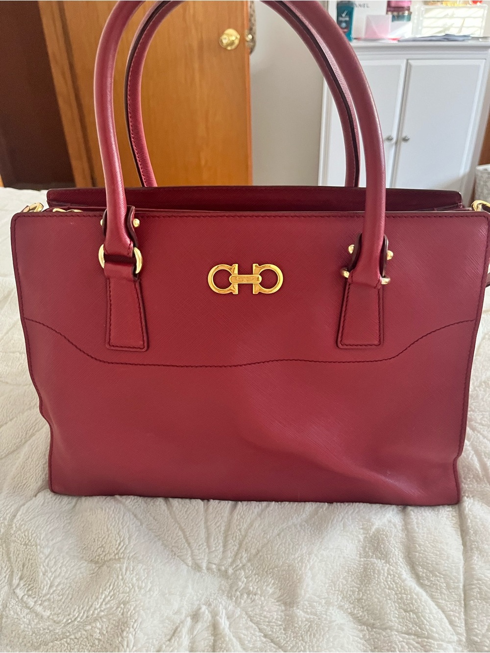 Salvatore Ferragamo Burgundy Leather Tote with Gold Hardware